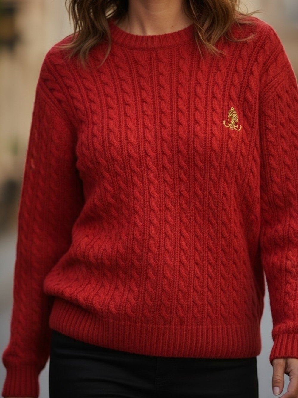 Ralph Lauren Red Cable-Knit Crewneck Sweater with Gold Crest Patch